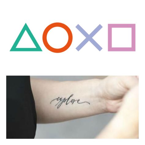 PlayStation buttons tattoo. The symbols will be thinner like on the controllers though. Left arm Buttons Tattoo, Playstation Buttons, Playstation Tattoo, Button Tattoo, Ancient Tattoo, Triangle Tattoo, Playstation, Tattoo Quotes, Tattoo Designs