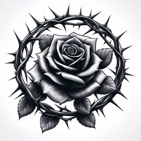 Rose Thorn Bush Tattoo, Rose Thorns Drawing, Rose And Thorns Tattoo, Jesus Thorn Crown Tattoo, Crown Of Thorns Drawing, Rose With Thorns Tattoo, Rose Thorn Tattoo, Flower Cross Tattoo, Sons Tattoo