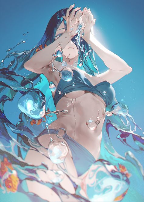 Digital Painting Techniques, Water Drawing, Anime Pixel Art, Water Drop, Art Reference Poses, 그림 그리기, Pretty Art, Character Illustration, Anime Character Design