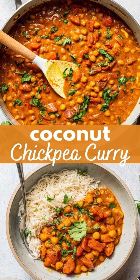 Vegans and meat eaters alike will love this coconut chickpea curry. It's prepared with toasted chickpeas simmered in a rich curry packed with warm spices and tender veggies. It's so filling and delicious. Recipes With Coconut Milk Dinner, Curry Without Coconut Milk, Vegan Stews, Vegetarian Chickpea Curry, Coconut Chickpea Curry, Creamy Chickpea, Coconut Chickpea, Toasted Chickpeas, Vegan Chickpea Curry