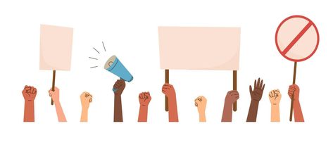 Hands of protesting people with posters and a loudspeaker. Flat vector illustration People Protesting, Flat Vector Illustration, Flat Vector, Loudspeaker, Easy Drawings, Vector Art, Vector Free, Vector Illustration, This Is Us