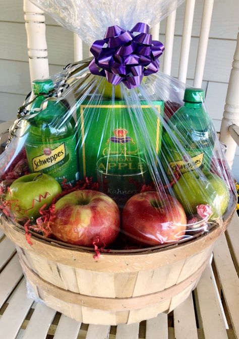 Everything you need to mix up a Crown Apple mix drink in an apple basket and apples for added decoration. Crown Royal Gift Basket, Fireball Basket Gift Ideas, Apple Themed Gift Basket, Apple Gift Basket Ideas, Crown Royal Gift Basket Ideas, Alcohol Baskets Ideas, Booze Basket Ideas, Apple Gift Basket, Liquor Baskets