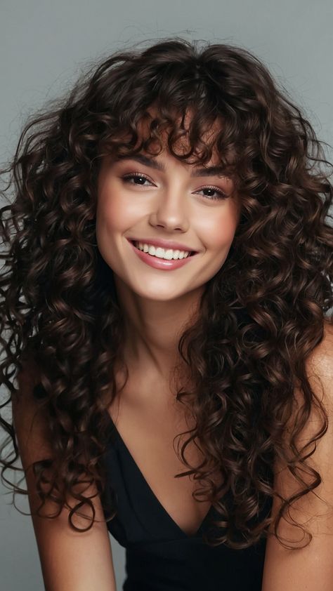 Looking for hair inspiration Explore long curly hair with bangs hairstyles for round faces blondes and more Discover stylish options like layered bangs black hair aesthetic and drawing men's attention Get trendy looks for an oval face with super-chic 40s and 30s hairstyles featuring layers and bangs Embrace your unique style with these versatile options Curly Hair With Long Bangs, Curly Hair With Fringe Bangs, Long Curly Hair Bangs, Long Curly Bangs, Long Curly Hair With Bangs, Curly Hair With Bangs Hairstyles, 30s Hairstyles, Curly Hairstyles With Bangs, Go To Hairstyles