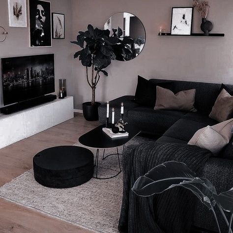 Lounge Room Aesthetic Dark, Dark Modern Lounge Room, Modern Black And Neutral Living Room, Grey Black And Dark Brown Living Room, Burgandy Black Living Room, White Coffee Table With Black Couch, Dark Minimalist Aesthetic Apartment, Minimalist Goth Apartment, Black Beige Aesthetic Room