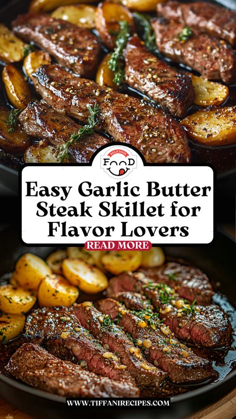 Discover the ultimate Garlic Butter Steak Skillet recipe that's perfect for those busy weeknights or last-minute dinner plans! This dish features succulent pieces of steak seared to perfection in a rich garlic-infused butter sauce. With just a handful of ingredients and ready in under 30 minutes, you can impress your family or guests with a gourmet meal that bursts with flavor. Serve it over fluffy rice or alongside roasted veggies for a satisfying and delightful dining experience! Steak Recipes Skillet, Steak Skillet, Skillet Steak, Infused Butter, Butter Steak, Garlic Butter Steak, Fluffy Rice, Sliced Steak, Dinner Plans