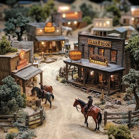 Miniature Western Town: A detailed #miniaturewestern town features horses and #historicbuildings under a warm, glowing light. #diorama #westernart #miniatureart #aiart #aiphoto #stockcake ⬇️ Download and 📝 Prompt 👉 https://stockcake.com/i/miniature-western-town_1250536_530662 Miniature Town, Horse Diorama, Miniature Town Models, Wild West Diorama, Old Western Towns Drawing, Western Diorama, Old Western Towns Wild West, Western Town Buildings, Old Western Towns