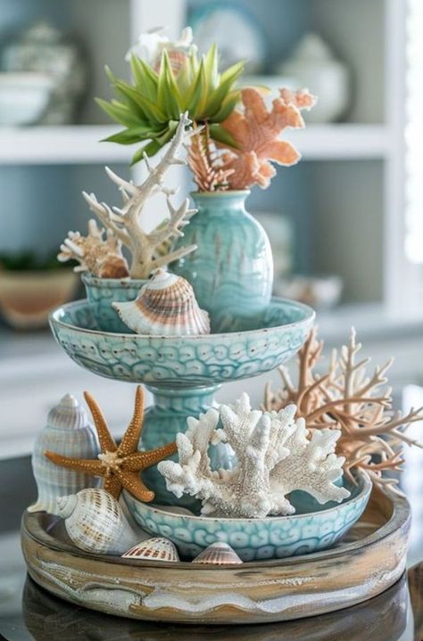 Coastal Decorating On A Budget🌴⚓️🌺 | How pretty! 
photo credit: Pinterest | Facebook Beach Tablescapes, Tiered Tray Ideas, Marsh House, Tiered Tray Decor Ideas, Tray Decor Ideas, Coastal Cottage Decorating, Beach Cookies, Beach Themed Crafts, Deco Marine