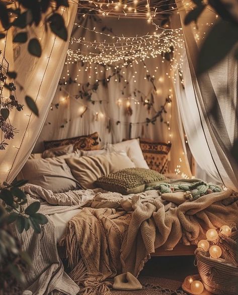 Cosy Cottagecore Bedroom, Cute Bed Ideas Aesthetic, How To Make A Large Bedroom Feel Cozy, Cute Cottage Bedroom, Cozy Forest Bedroom, Cozy Room Ideas Aesthetic, Cottage Core Room Ideas, Cottagecore Bedroom Decor