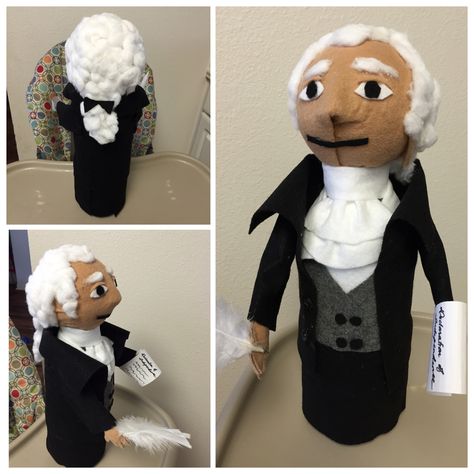 Thomas Jefferson Doll // Materials // styrofoam ball (for head)- 2 liter soda plastic bottle (body)- felt for clothing, arms, skin etc...- cotton balls for hair- Buttons for the coat- Glue gun and glue sticks- *Optional- feather and rolled paper (Declaration of independence ) -//Notes// I used a piece of cardboard glued onto the styrofoam ball to form the nose before I covered it in felt! Cover the area where the face will be with as much felt as possible, the uncovered parts at the back of the George Washington Bottle Project, Bottle Buddy, Biography Project, Arts Project, Felt Cover, Styrofoam Ball, Book Character, Cotton Balls, Thomas Jefferson