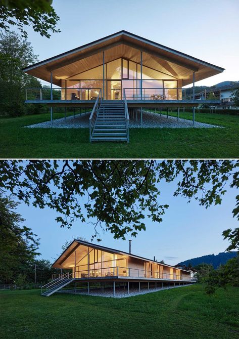 The timber construction of this modern house was mostly made from local woods, and is elevated on stilts to protect it from flood. Small Stilt House, Modern House On Stilts, Stilts House, Raised Houses, Flood Proof House, Stilt House Plans, Cabin On Stilts, House On Stilt, Stilt House