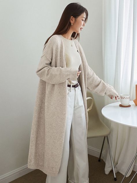 Apricot Casual Collar Long Sleeve Fabric Plain  Embellished Medium Stretch  Women Clothing Outfit With Long Cardigan, Cardigan Outfit Casual, Duster Cardigan Outfit, Outfits With Grey Cardigan, Long Cardigan Outfit, Long White Cardigan, Winter Mode Outfits, Long Grey Cardigan, Cardigan Outfit