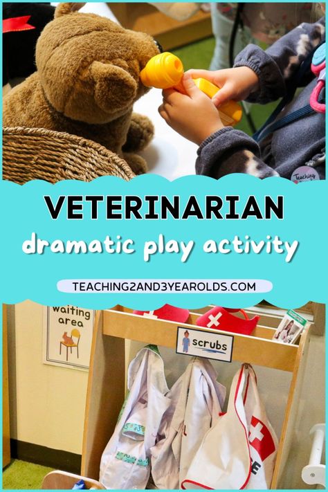 This preschool pets theme dramatic play activity invites children to be veterinarians, taking care of a variety of pretend pet friends! #toddlers #preschool #pets #veterinarian #dramaticplay #play #imagination #animals #teaching2and3yearolds Pet Care Activities For Preschool, Veterinarian Preschool Activities, Veterinarian Preschool, Pets Theme Preschool Activities, Preschool Pets Theme, Vet Dramatic Play, Preschool Pets Unit, Preschool Pets, Pet Study