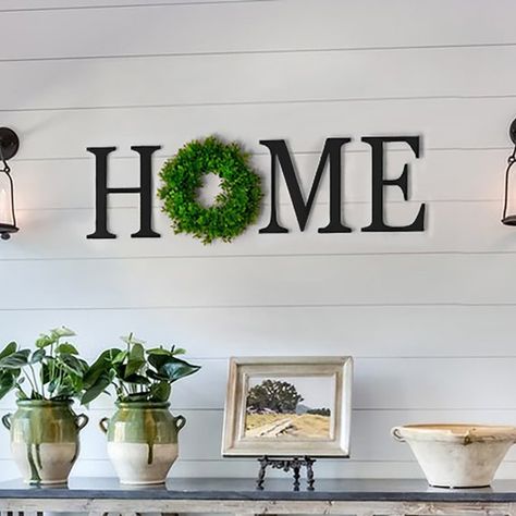 Home Letters With Wreath, Home With Wreath, Home Sign With Wreath, Wall Decor Master, Home Letters, Metal Wall Letters, Large Wooden Letters, Wall Decor Crafts, Farmhouse Style Sign