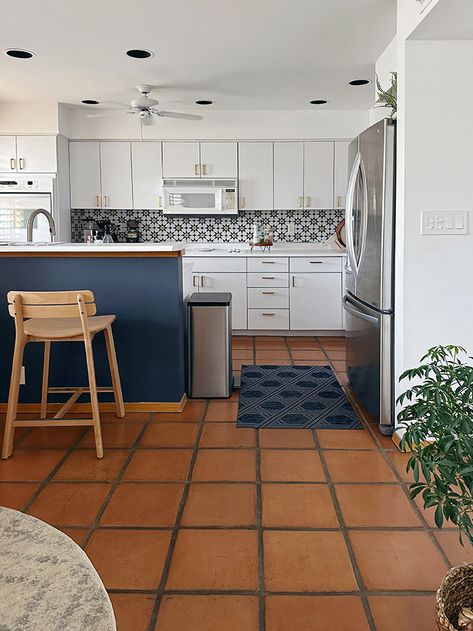 Modern Saltillo Tile, Saltillo Tile Kitchen, White Laminate Countertops, Blue Interior Paint, Spanish Floor Tile, White Interior Paint, Scandi Kitchen, Saltillo Tile, Outdoor Patio Space