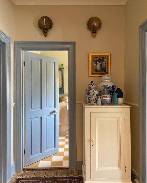 Blue Bedroom Interior, Farrow And Ball Lulworth Blue, Lulworth Blue, Wall Colours, English Home, Baby Room Inspiration, Farrow And Ball, North Beach, Blue Trim