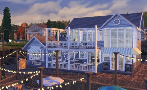 TS4: Sea Breeze restaurant by Sooky A seafood restaurant with a gorgeous view of the sea, a cute place for romantic dates and family special dinners. DOWNLOAD Sims 4 Restaurant, Brindleton Bay, Legacy Challenge, Sims Inspiration, Sims Freeplay Houses, Sims 4 Challenges, Sims Houses, Sims Builds, Sims 4 Bedroom