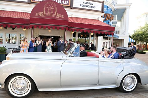 Vintage car drives bride and groom from their ceremony to their cocktail hour at Abracadabar on Disney's Boardwalk Wedding Vintage Car, Cinderella's Carriage, Cinderella Coach, Car Drives, Canada Wedding, Disney Boardwalk, Disney Bride, Wedding Transportation, Disney Fine Art