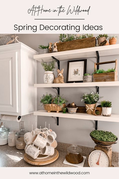 Kitchen shelves are styled for spring using lots of greenery Spring Kitchen Shelf Decor, Easter Coffee Bar Decor, Easter Shelf Decor, Easy Decor Ideas, Spring Home Decor Ideas, Diy Spring Decor, Spring Mantle, Easter Decoration Ideas, Easter Decorating Ideas