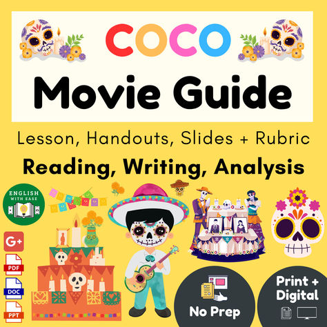 Coco Movie Guide Graphic Organizers, Reading Response and Writing! Enjoy a week of academically rigorous no prep film analysis lessons next week or save for Day of the Dead (Día de los Muertos). Want to analyze text structure, theme, sequence of events, characterization, conflict, plot, figurative language and more! 2 options: Choose between new LIVE ACTION feature length film or 6 minute Golden book read aloud video version. CLICK TO PREVIEW! Coco Movie Theme Classroom, Halloween Ela Activities, Coco Movie, Film Analysis, Yoga Cards, Text Structure, Ela Classroom, Secondary Ela, Movie Guide