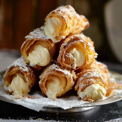 How to Make Italian Cream-Filled Cannoncini How To Make Cannolis, Cannoli Recipes, Pastry Cream Desserts, Italian Desserts Easy, Cannoli Recipe, Cannoli Cream, Cream Puff Recipe, Cream Horns, Puff Pastry Desserts