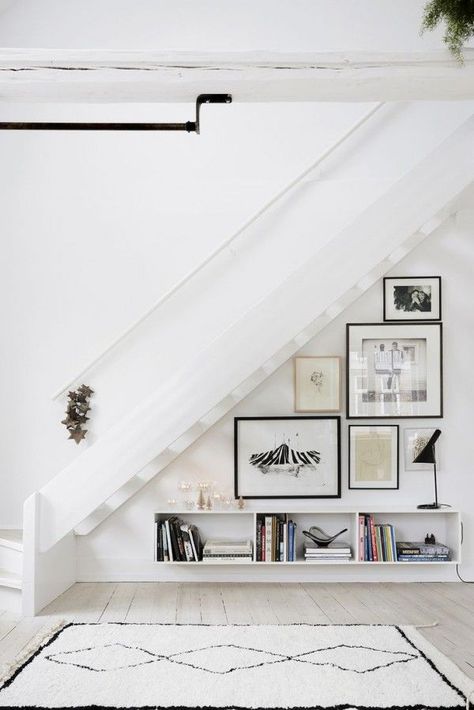 Gallery nook under the stairs Nook Under The Stairs, Under Stairs Nook, Stair Nook, Under Stair, Books And Art, Stairs In Living Room, Perfect Gallery Wall, Under The Stairs, Interior Stairs