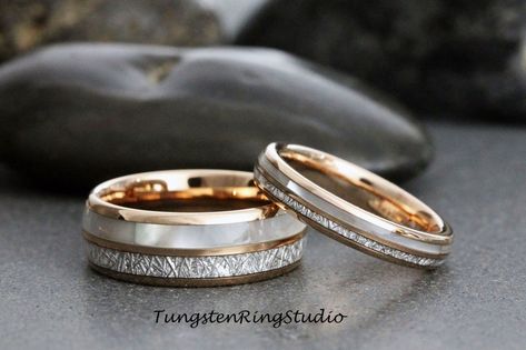 Match His and Hers Meteorite Mother of Pearl Rose Gold - Etsy Tungsten Wedding Bands His And Hers, Unique Wedding Bands Matching, Ring Wedding Set, His And Her Wedding Rings, Mother Of Pearl Rose, Cute Promise Rings, Couple Ring Design, Rose Gold Tungsten, Mens Diamond Wedding Bands