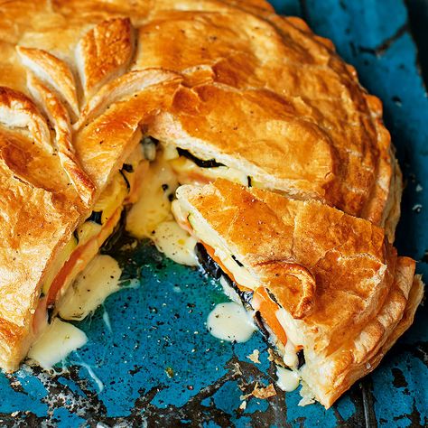 his golden pie is packed with baked Camembert, sweet butternut squash, aubergine and courgette. | Tesco Cheese And Onion Pie, Hp Sauce, Creamy Pie, Baked Camembert, Onion Pie, Vegetable Pie, Tesco Real Food, Perfect Pies, Real Food