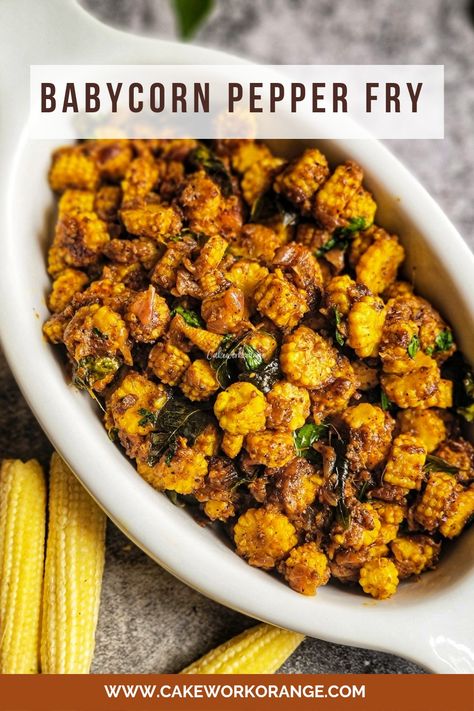 A bowl of baby corn pepper fry ready to be served Baby Corn Salad, Canned Baby Corn Recipe, Baby Corn Recipe Indian, Baby Corn Fry, Baby Corn Recipe, Vegetarian Appetizer, Indian Side Dishes, Cheese Potato, Veg Curry