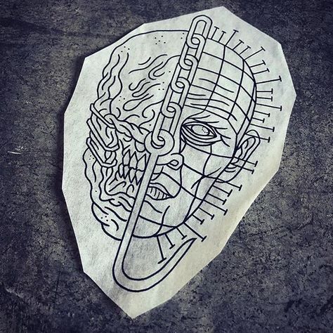 Pinhead Traditional Tattoo, Hellraiser Tattoo Stencil, Hellraiser Tattoo Design, Pinhead Hellraiser Tattoo, Hellraiser Tattoo Ideas, Pinhead Tattoo Design, Pin Head Tattoo, Hellraiser Drawing, Horror Tattoo Designs Drawings