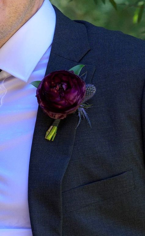 Blue Thistle Boutonniere, Plum Ranunculus, Summer Wedding Groom, Wedding Groom Boutonniere, Thistle Boutonniere, Ranunculus Boutonniere, Blue Thistle, Prom Flowers, Groom Boutonniere