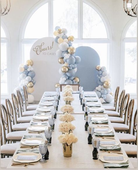 Blue Gold Table Setting, Baby Blue Table Setting, Baby Shower Long Table Set Up, Baby Shower Table Decoration Ideas Boy, Pastel Blue Baby Shower Ideas, Elegant Baby Shower Ideas For Boys, Shades Of Blue Baby Shower Ideas, Light Blue Baby Shower Ideas, Baby Boy Christening Decorations