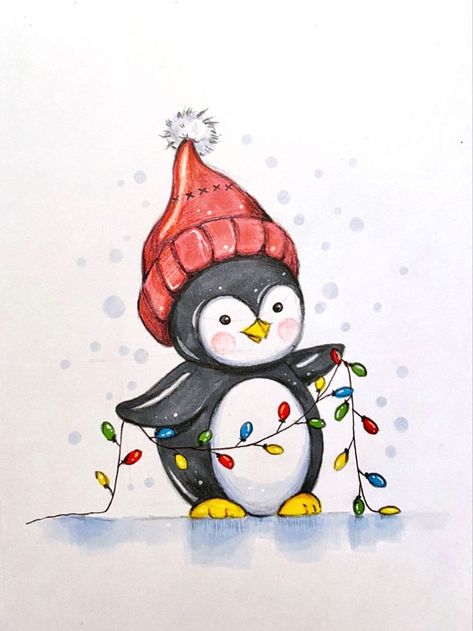 Crismes Art, Christmas Drawing Ideas Watercolor, Christmas Sketches Ideas, Winter Sketches Ideas, Christmas Art Sketches, Penguin Christmas Cards Handmade, Xmas Watercolor Painting, Christmas Drawing Sketch, Cristhmas Drawings