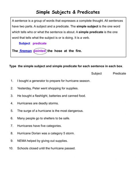 Subject And Predicate Worksheet, Simple Subject And Predicate, Complete Subject And Predicate, Simple Predicate, Complete Subject, Simple Subject, Subject And Predicate, Subject And Verb, English Activities