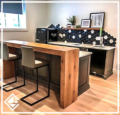 Butcher Block Bar, Waterfall Bar, Geometric Backsplash, Bar Countertop, Scale Bar, Eclectic Cottage, Kitchen Updates, Intimate Space, Black Appliances