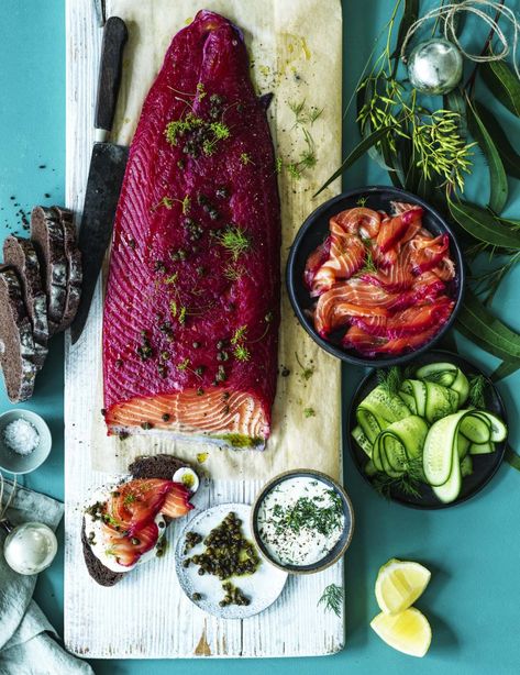 RecipeTin Eats x Good Food: Beetroot-cured salmon with horseradish cream Beetroot Cured Salmon, Cured Salmon Recipe, Ethiopian Lentils, Cured Salmon, Seafood Feast, Horseradish Cream, Elegant Appetizers, Bistro Food, Recipetin Eats