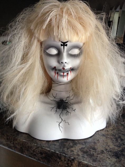 Halloween Barbie!   #barbie #creepy #diy Creepy Doll Heads Diy, Halloween Barbie Dolls Diy, Creepy Dolls Diy Halloween Decorations, Halloween Mannequin Ideas, Barbie Creepy, Creepy Barbie, Zombie Barbie, Creepy Diy, Creepy Crafts