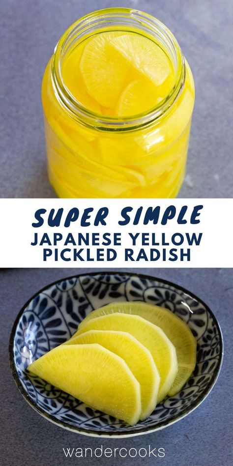 Yellow pickled radish is the cutest and crunchiest snack in Japan. With just 2 minutes prep time, make your own tasty takuan slices ready to pop into your homemade sushi rolls or eat after a big meal. Yellow Pickled Radish, Pickled Daikon Recipe, Daikon Recipe, Homemade Sushi Rolls, Pickled Vegetables Recipe, Pickled Radish, Japanese Pickles, Radish Recipes, Easy Japanese Recipes