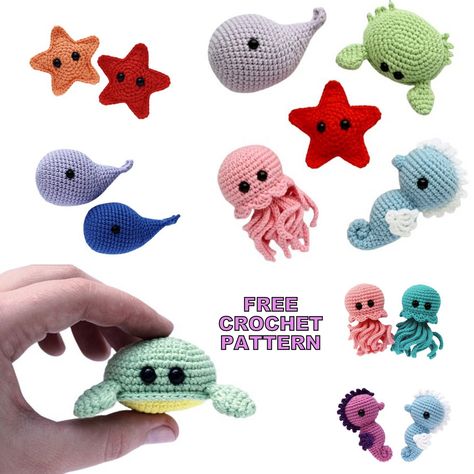 Amigurumi Sea Toys Animals Free Crochet Pattern - crochet.amgurum.com Klein Aquarium, Crochet Ocean Animals, Crochet Keyrings, Crochet Starfish, Crochet Sea Creatures, Crochet Baby Mobiles, Diy Tricot, Crochet Fish, Crochet Mobile