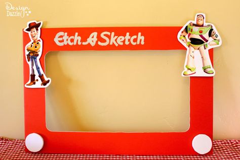 Etch a Sketch Photo Booth Prop - Design Dazzle #ToyStoryParty #EtchaSketch #photoboothprop Etch A Sketch Toy Story, Toy Story Photo Booth, Buzz Lightyear Party, Woody Birthday, Toy Story Halloween, Toy Story Party Decorations, Sketch Photo, Toy Story Baby, Toy Story Theme