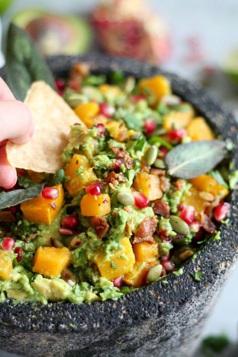 Autumn Loaded Guacamole Butternut Squash Pomegranate, Loaded Guacamole, Recipe Guacamole, Starting Line, Strawberry Salad, Sage Leaves, Veggie Side Dishes, Roasted Butternut, Roasted Butternut Squash