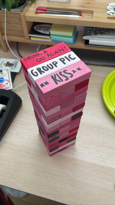 Pink Jenga Drinking Game, Pink Game Night Decor, Frat Party Games, Jenga Party Game, 18th Party Games, Pink Party Games, Party Games Aesthetic, Pink Jenga, Jenga Game Diy