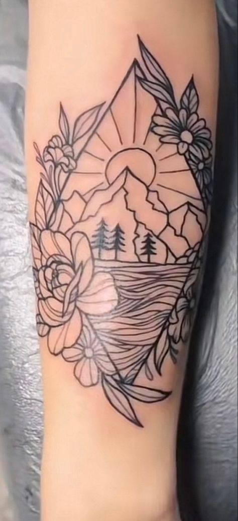 Outdoor Mountain Tattoo, Wildflowers And Mountains Tattoo, Oregon Mountain Tattoo, Colorado Tattoos For Women, Outdoorsy Couple Tattoos, Montana Flower Tattoo, Mountain Wildflower Tattoo, Mountain Flower Tattoo, Wyoming Tattoo Ideas