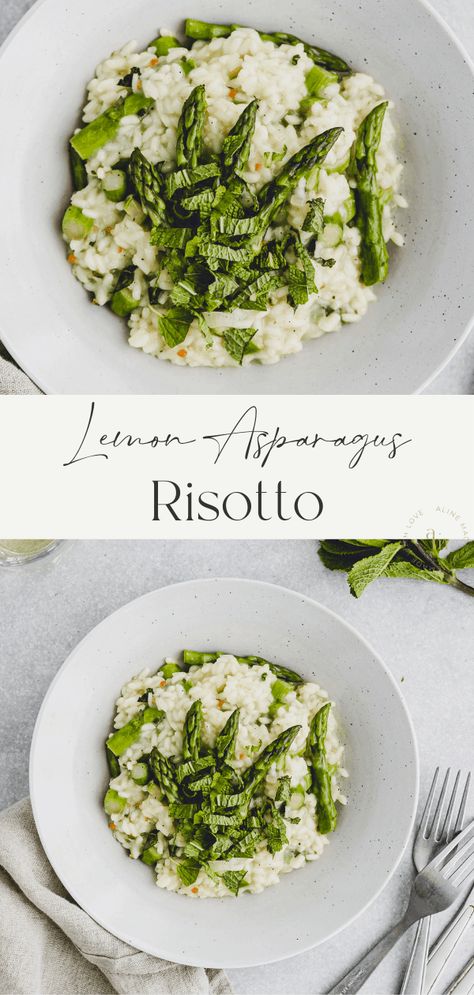 Asparagus Risotto Recipes, Lemon Vegan, Asparagus Risotto, Vegan Risotto, Lemon And Mint, Creamy Asparagus, Vegan Parmesan Cheese, Dairy Free Cheese, Vegan Main Dishes