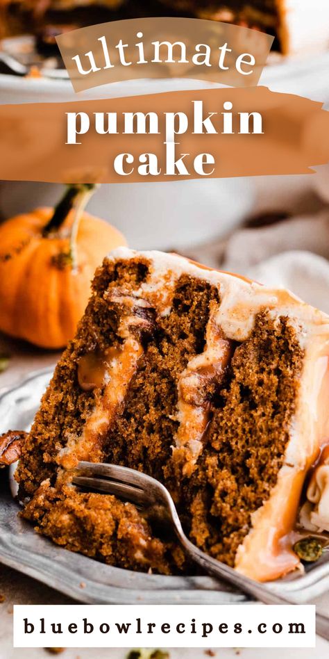 Stick-to-your-fork moist layers of one-bowl spiced pumpkin cake are filled with Cinnamon Cream Cheese Frosting, Salted Caramel Sauce, and Candied Cinnamon Pecans & Pepitas. This show stopping dessert is perfect for Thanksgiving, Halloween, or any fall celebration! #pumpkincake #halloweencake #thanksgivingcake #thanksgivingdessert #layercake #pumpkinspice #saltedcaramel #caramel #pecan #pumpkindesserts #pumpkin #fallbaking #fallcake #falldesserts #bluebowlrecipes | bluebowlrecipes.com Cinnamon Cream Cheese, Cinnamon Pecans, Thanksgiving Cakes, Pumpkin Treat, Pumpkin Recipes Dessert, Salted Caramel Sauce, Pound Cakes, Fall Cakes, Spiced Pumpkin