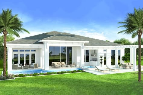 4-Bedroom 1-Story Beach House With Open-Concept (Floor Plan) One Story Beach House Plans, Beach House Plans Coastal Homes, Beach House Flooring, Beach House Floor, Beach House Floor Plans, Bedroom Beach House, Beach House Plan, Florida House Plans, Coastal House Plans