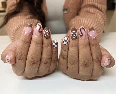 Country Acrylic Nails, Em Nails, Checkered Nails, Brown Nails Design, Boho Nails, Fall Manicure, New Nail Designs, October Nails, Nails For Kids