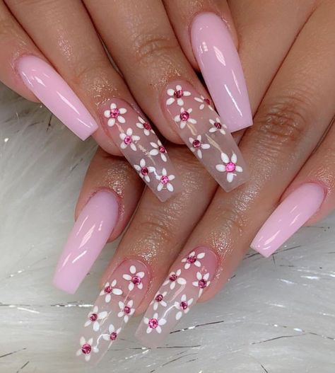 Ballerina Nails. Flower Nails. Nails with Rhinestones. Pink Nails. Acrylic Nails. Spring Nails. Spring Acrylic Nails, Summer Acrylic Nails, Dream Nails, Fire Nails, Coffin Nails Designs, Pretty Acrylic Nails, Dope Nails, Best Acrylic Nails, Long Acrylic Nails