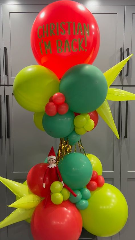 I was lucky enough to be asked by the big guy himself 🎅 to help his Elf Alvin surprise Christian for his first day back of the season 🎄❤️💚… | Instagram Elf On Shelf Balloon Ideas, Elf On The Shelf Party Ideas, Elf Arrival Balloon Ideas, Elf Balloon Ideas, Elf On The Shelf Balloon Ideas, Elf On The Shelf Balloon Arrival, Elf On The Shelf Balloons, Elf Balloons, Elf On The Shelf Balloon