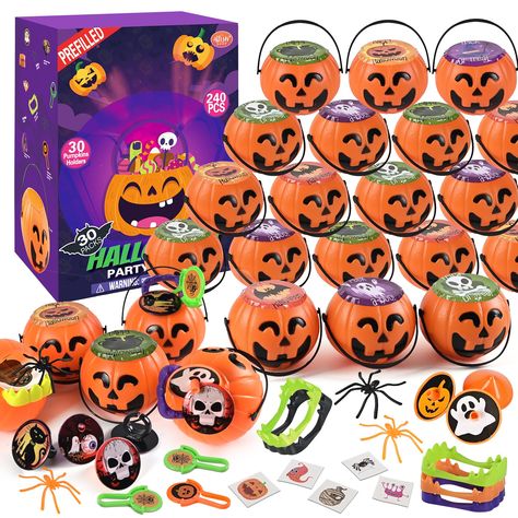 PRICES MAY VARY. 240PCS ASSORTED HALLOWEEN TOYS IN TOTAL: spiders X30pcs, spinning toys X30pcs, saucers X30pcs, Halloween rings X30pcs, Halloween tatoo stickers X30pcs, false teeth X30pcs, Halloween pumpkins mini bucket X30pcs, Halloween stickers X30pcs PREFILLED HALLOWEEN PARTY FAVORS: you can easily share them with kids, classmate, students and more as gifts for Trick or Treat or Halloween Carnival! Save you from packing! 30 WITCH CAULDRONS: 3inches mini cauldrons as treat containers are made Candy Bag Ideas For Halloween, Halloween Goodie Bags For Kids School, Miniature Classroom, Pumpkin Holders, Monster Treats, Goodie Bags For Kids, Hocus Pocus Party, Carnival Prizes, Halloween Ring