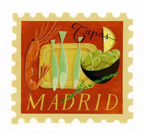 MADRID y sus famosas tapas !! Inigualables. Madrid Tapas, Madrid Art, Stamp Drawing, Tapas Party, Menu Illustration, Spain Art, Lilla Rogers, Food Map, Art Boutique